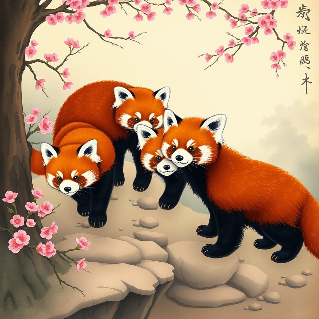 Vibrant Red Pandas Step into Whimsical Woodblock Wonderland