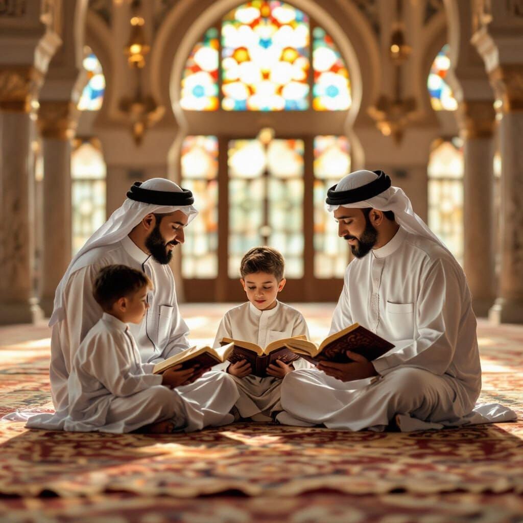 Muslim Family Reading Quran in Masjid