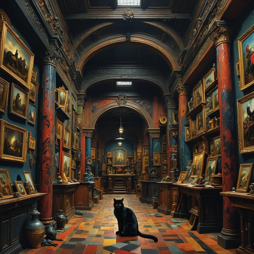 Surreal Black Cat Emerges from Museum Shadows in Vivid Oils