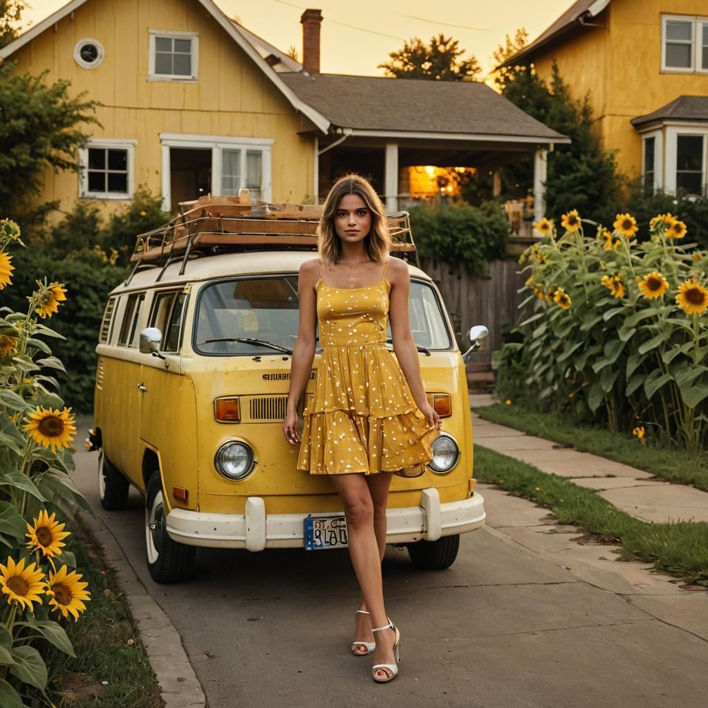 Vibrant Sundress Girl Amidst Vintage VW Bus and Sunflowers i...