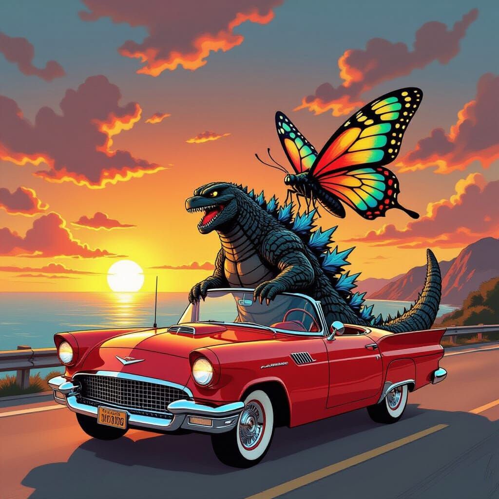 Godzilla Drives With Mothra During Sunset In Comic Style