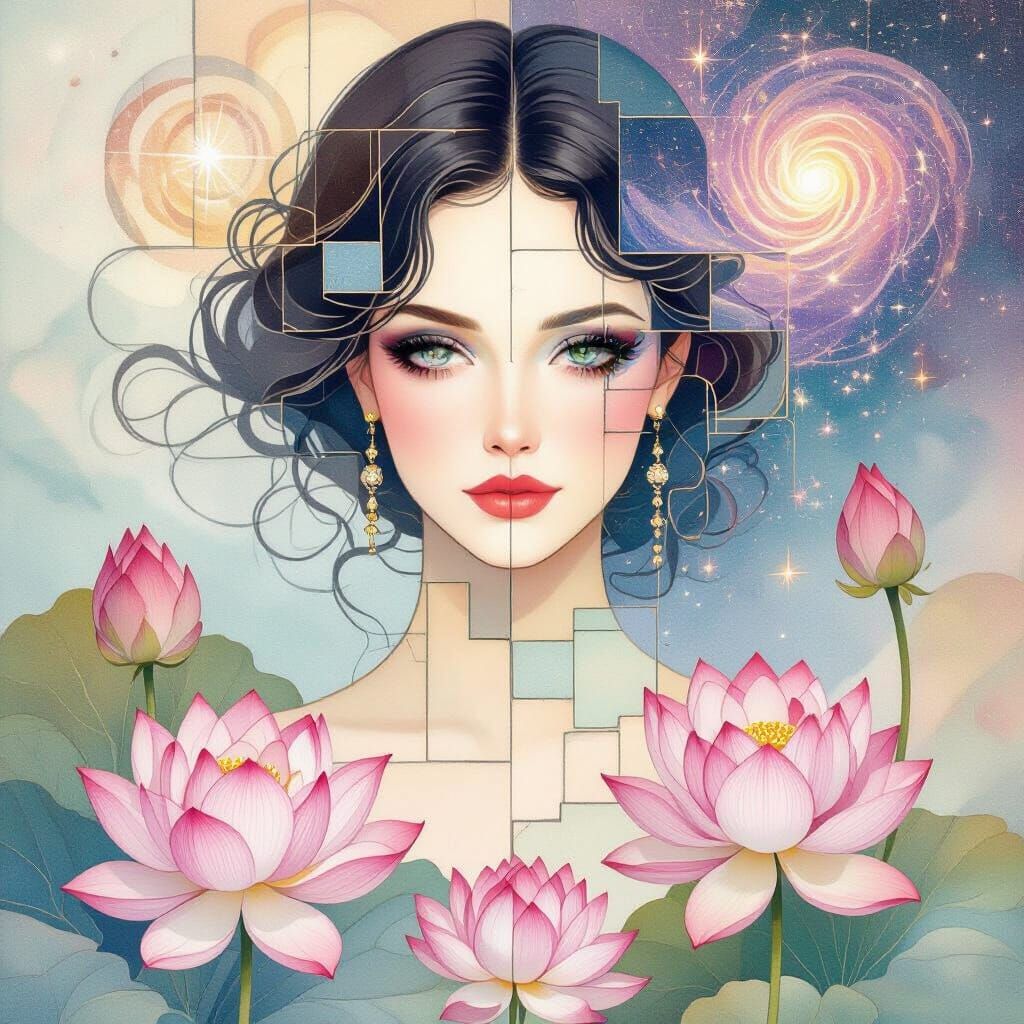 Dreamlike Woman with Watercolor Tile Face