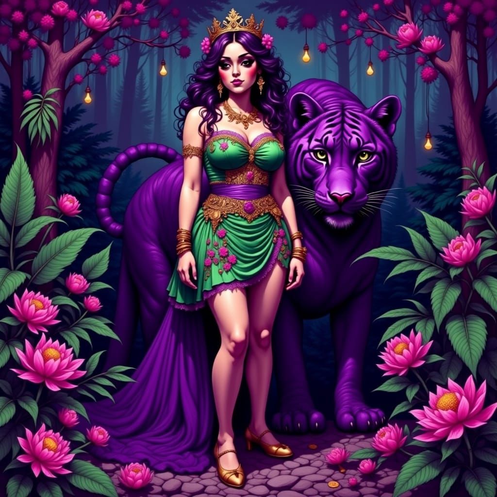 Jungle Princess with Leopard in Art Nouveau Style