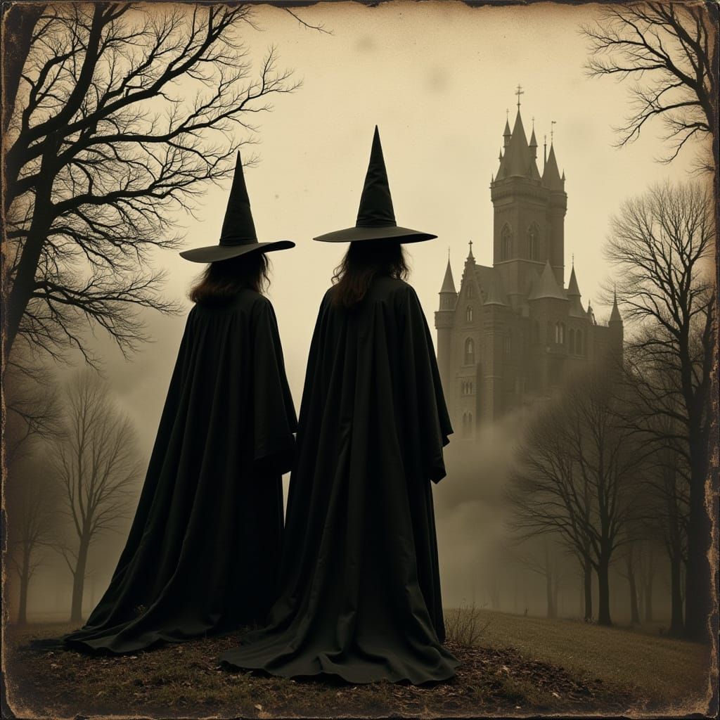 Eerie Witches Gaze at Gothic Castle in Sepia Tone