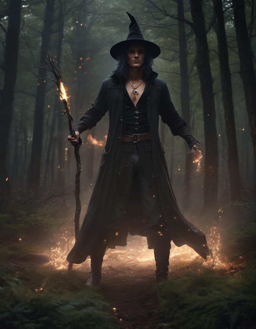Majestic Male Witch Amidst Fiery Forest Glows