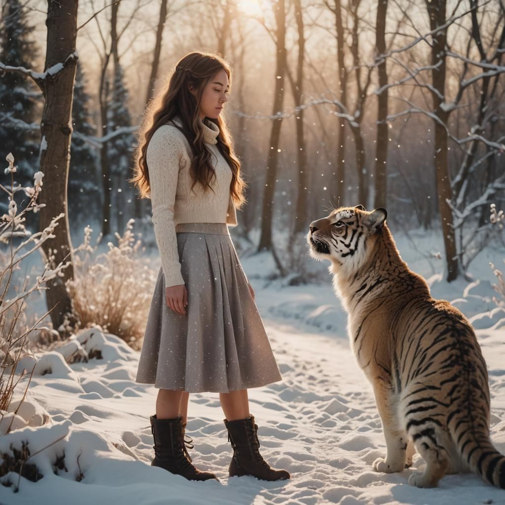Stunning Winter Encounter: Girl and Snow Tiger