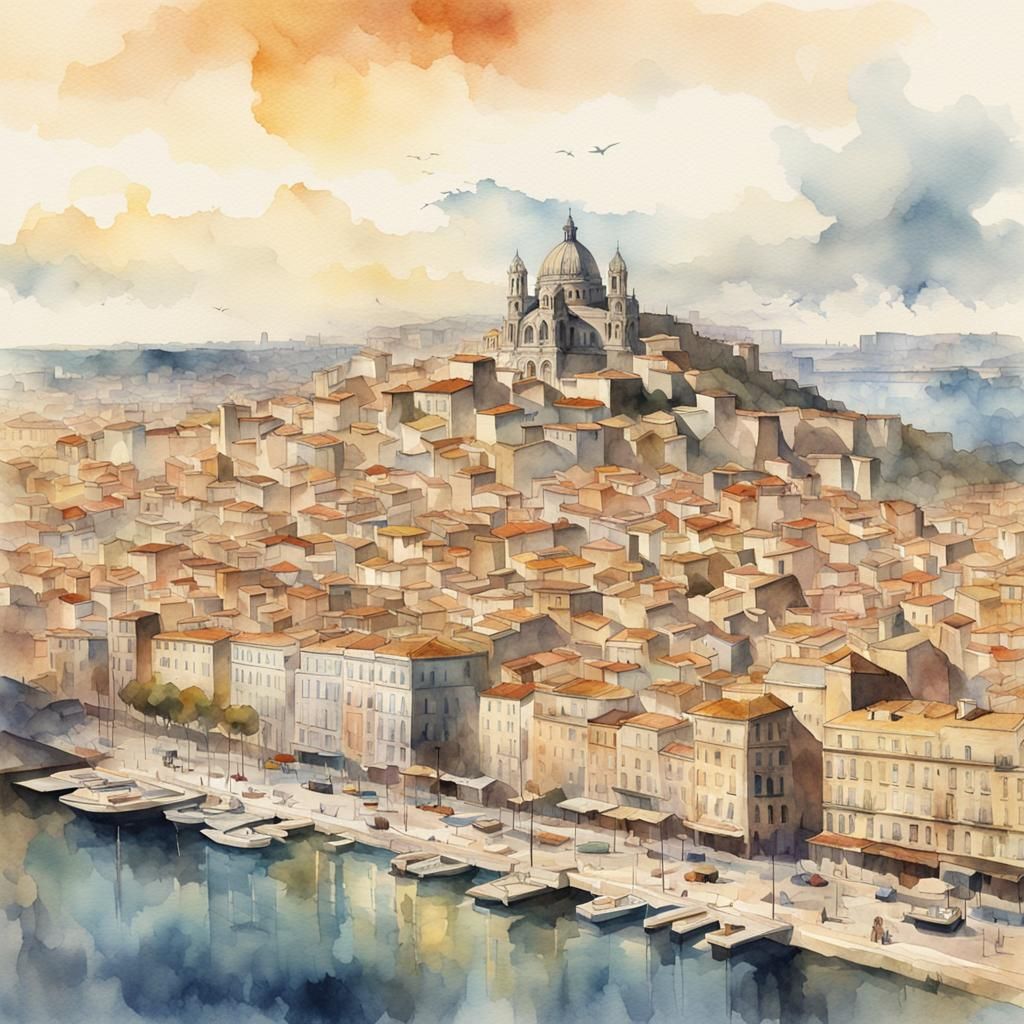 Stunning Watercolor Marseille Skyline in a Dramatic Digital...
