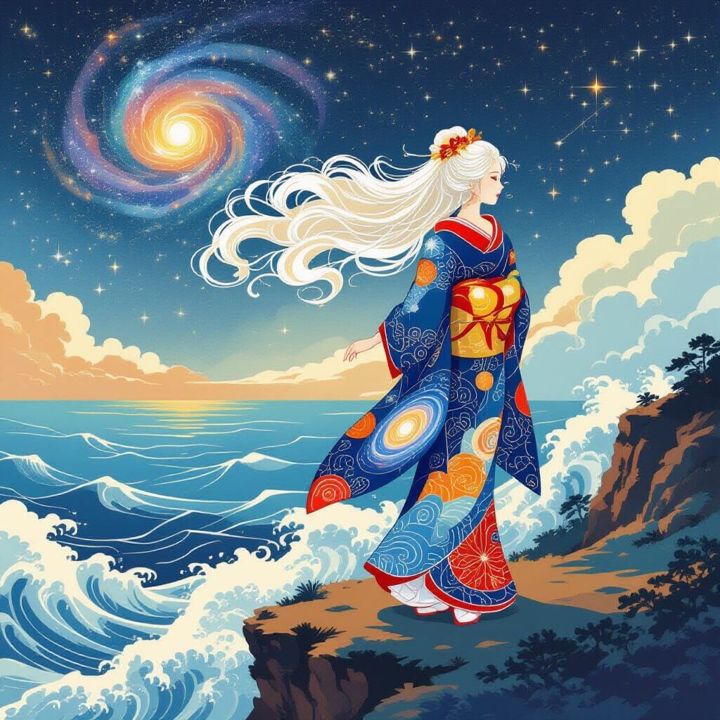 Ethereal Galaxy Woman Over Starry Sea in Ukiyo-e Style