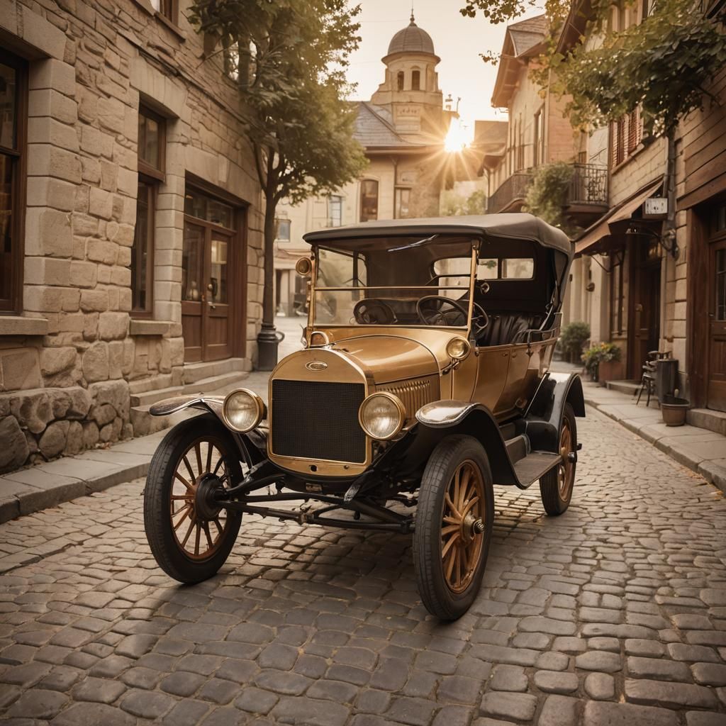 Vintage 1907 Ford Model B on Cobblestone Street