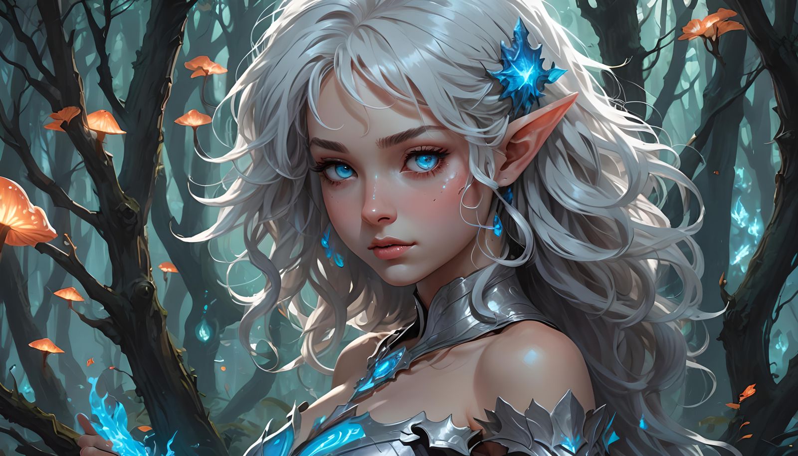Epic Gray Skinned Warrior Elf Woman in a Luminous Mushroom F...