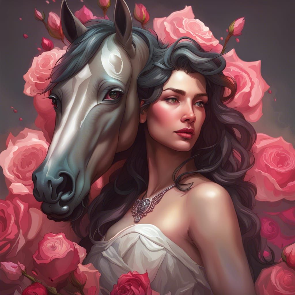 Elegant Stallion with Intricately Detailed Rose in Art Nouve...