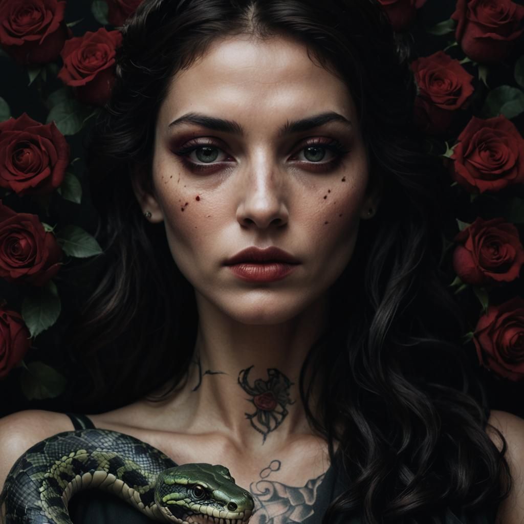 Medusa Oozes Elegance Amidst Red Roses and Snakes