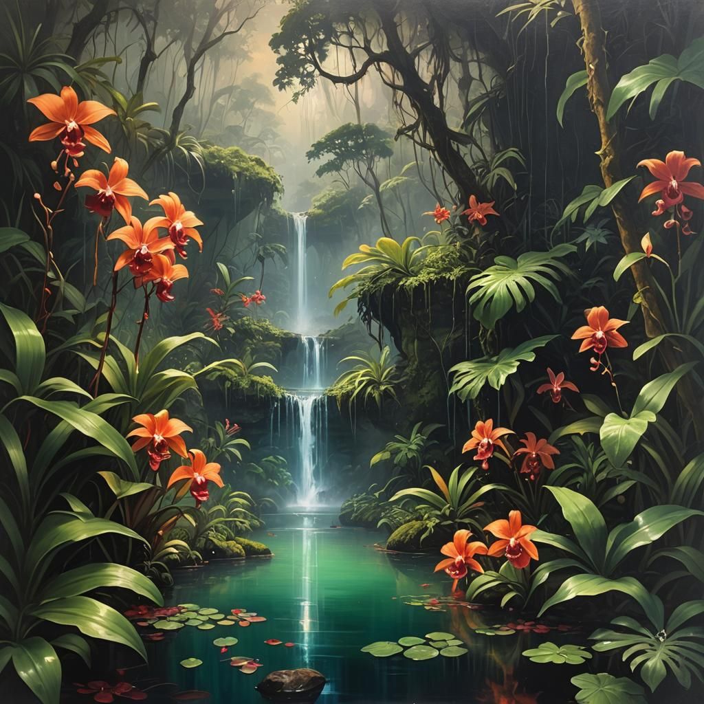 Lush Tropical Jungle in Ancient Misty Oil Painting