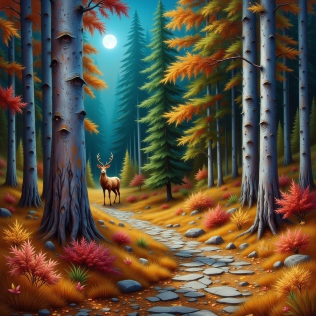 Deer in Autumn Forest Under Icy Moon