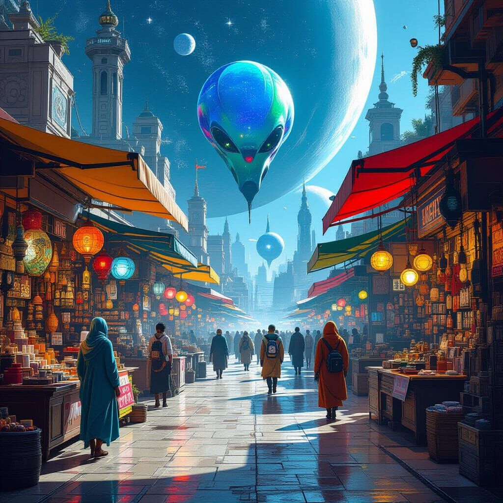Vibrant Alien Market Scene in Sci-Fi Fantasy Style