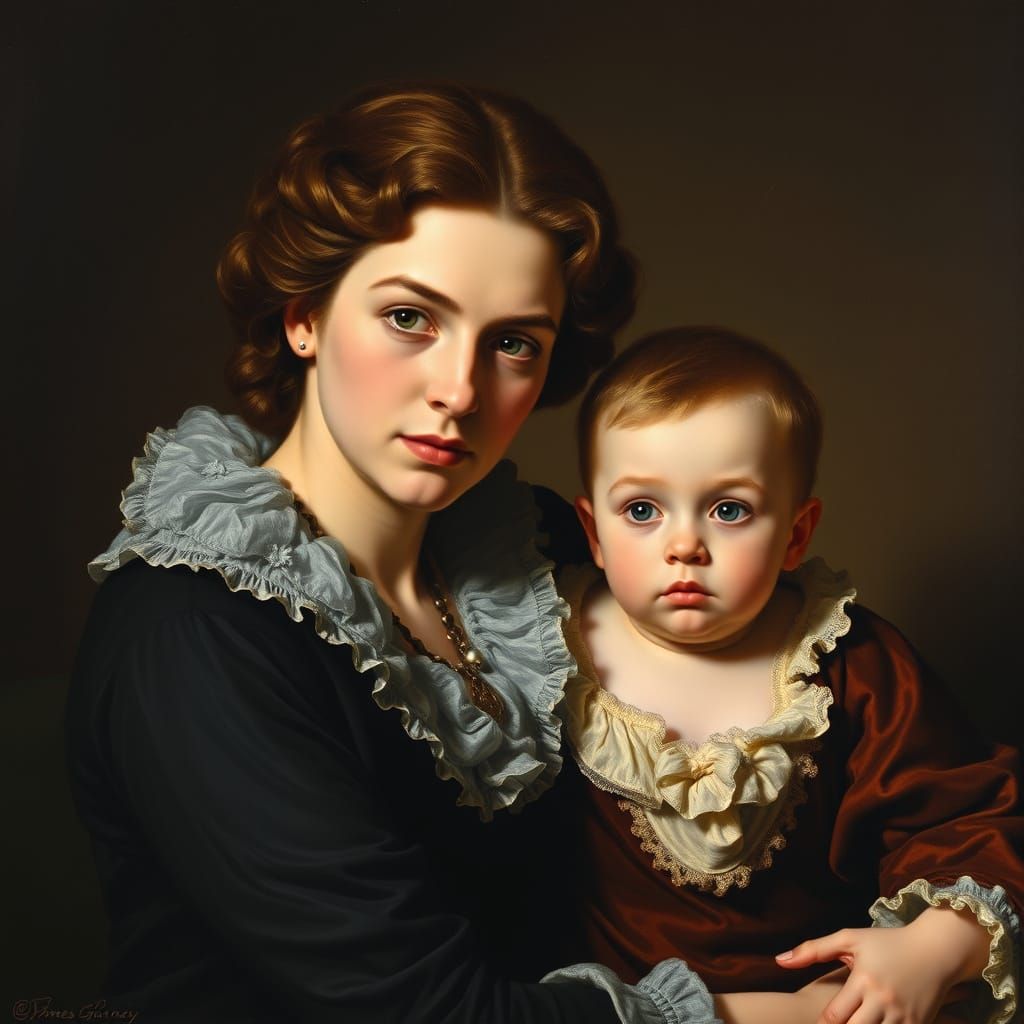Edwardian Woman and Son in Baroque Style Oil Painting