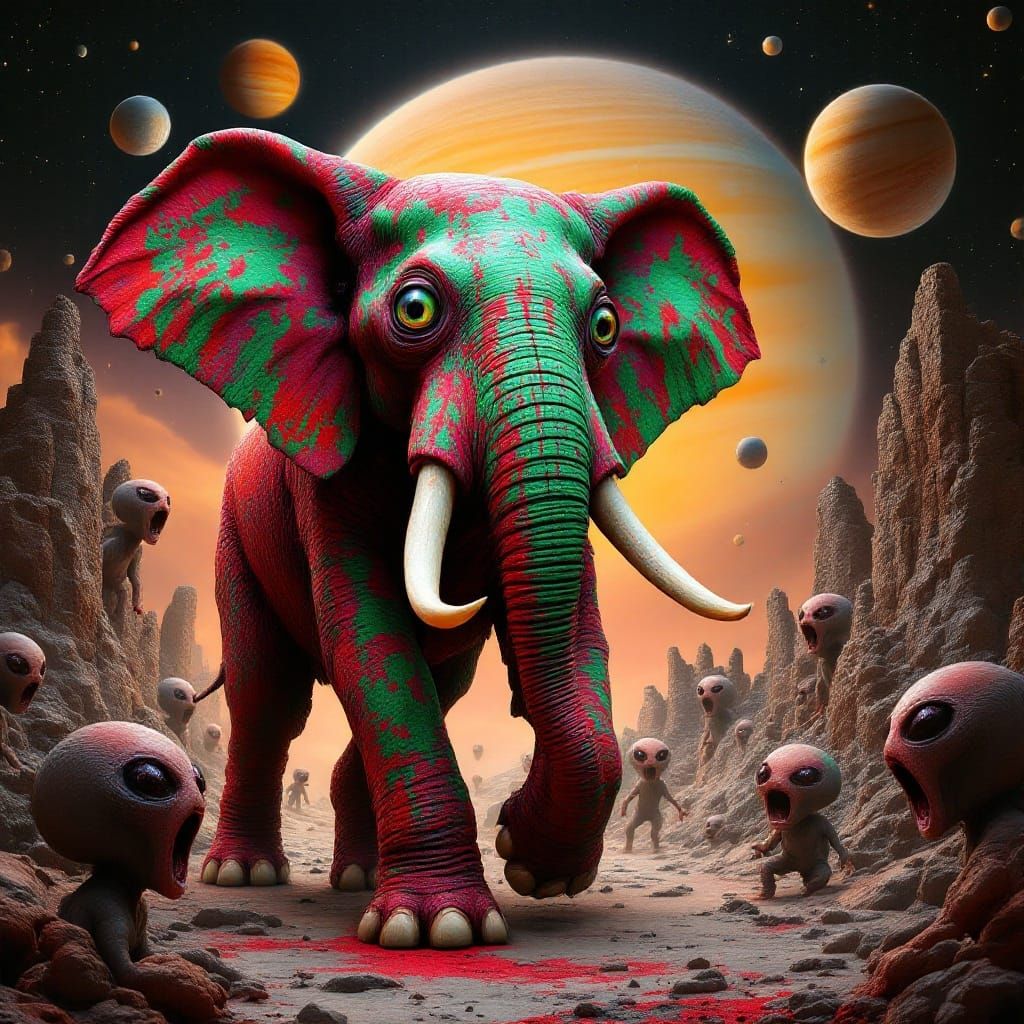 Vibrant Red and Green Psychedelic Elephant Creatures Surroun...