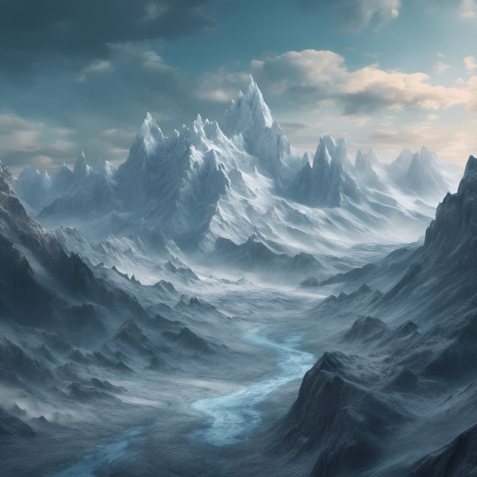 Epic Icy Mountains in a Celestial Blue Haze