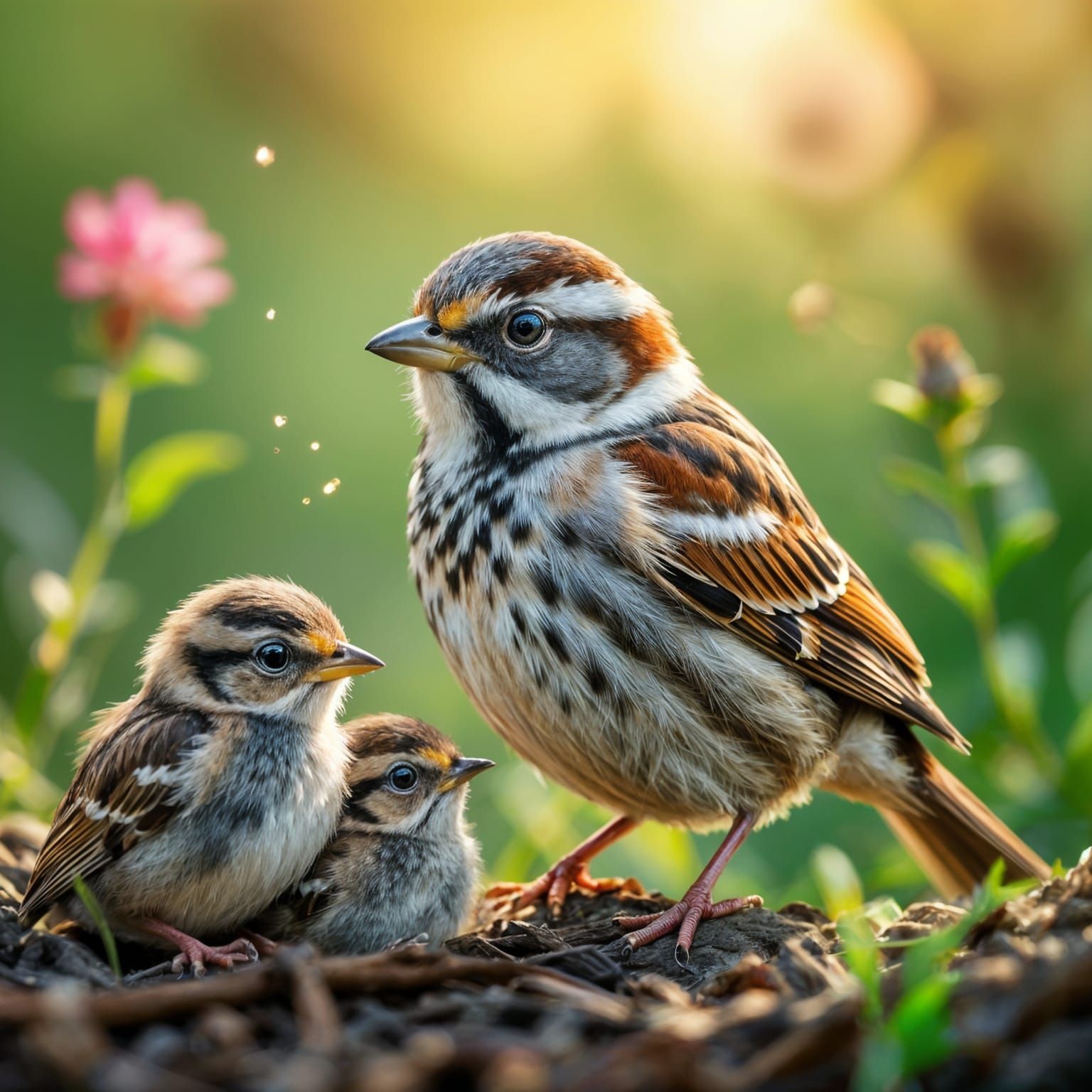 Sparrow Father and Chicks in Hyperrealistic Splash Art