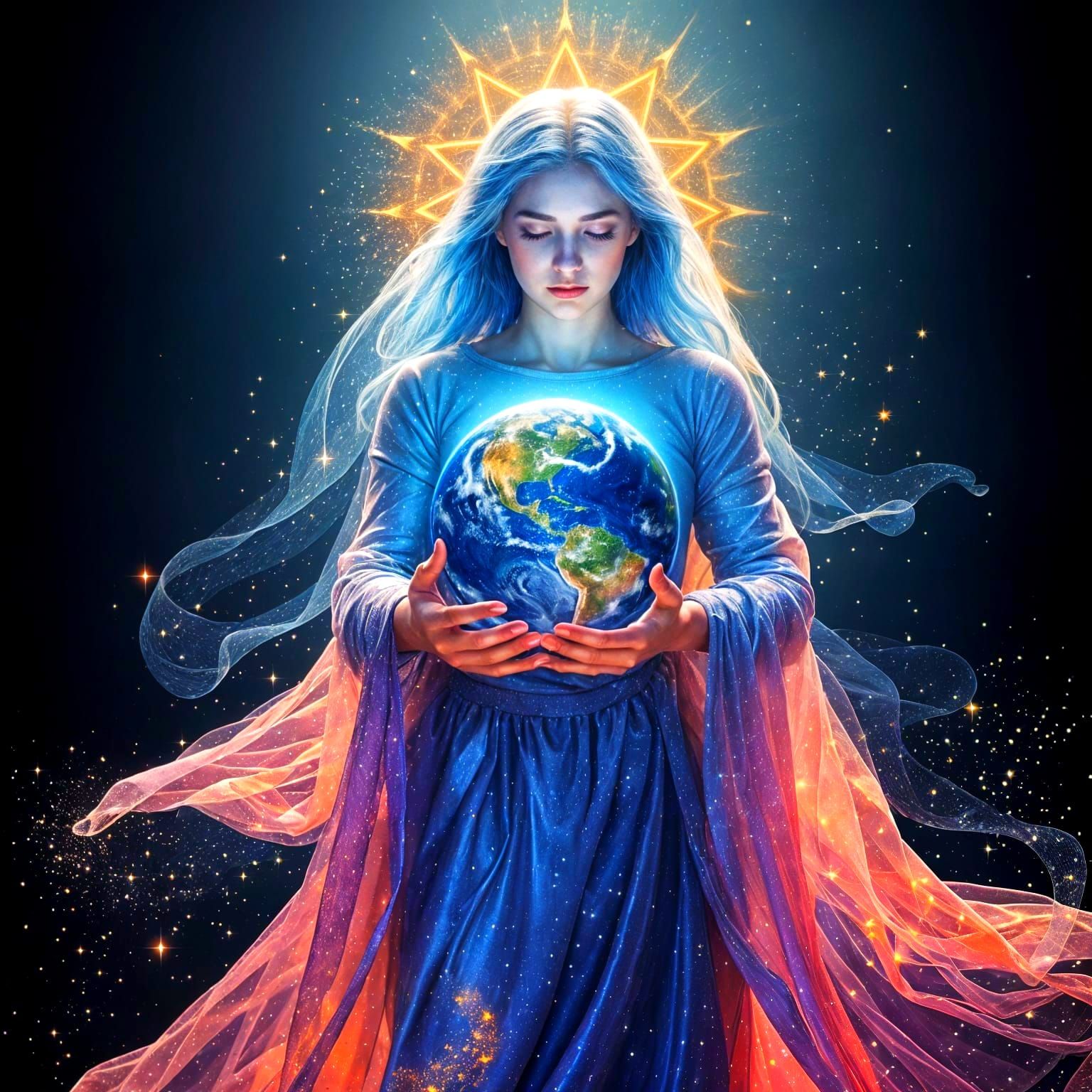 Ethereal Cosmic Goddess Holding the Earth in Celestial Harmo...