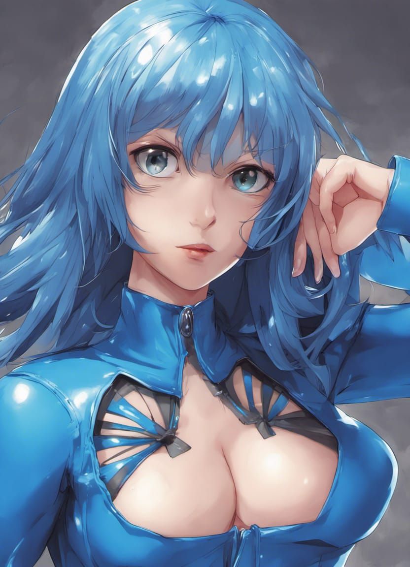 Stunning Blue Latex Anime Girl Exudes Confidence