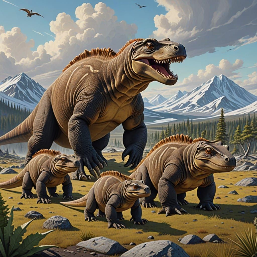 A family of Megalania crossing the prehistoric tundra