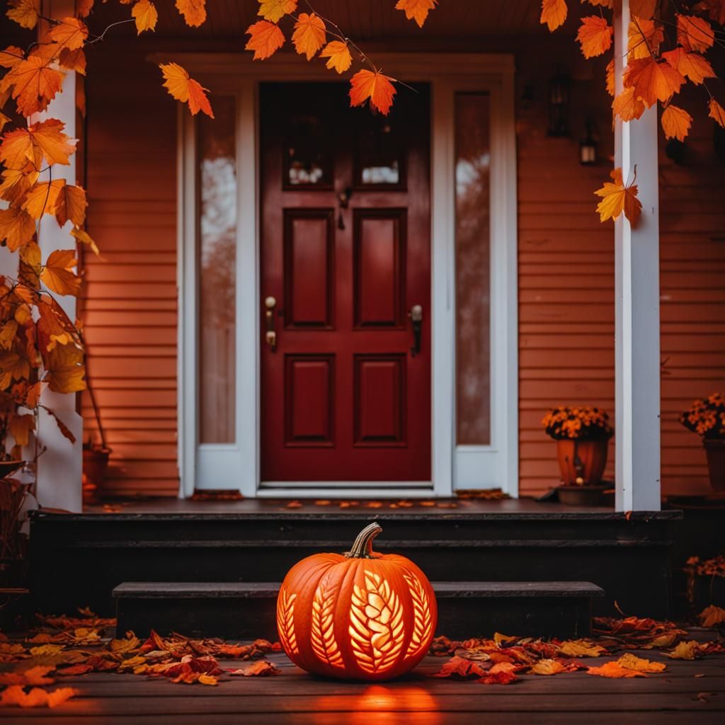 Intricate Autumn Leaf Pumpkin Carving on Porch