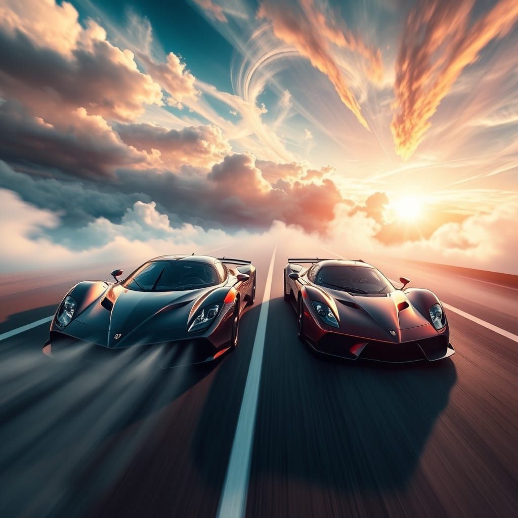 Sleek Supercars Cross Finish Line Against Vibrant, Dreamlike...