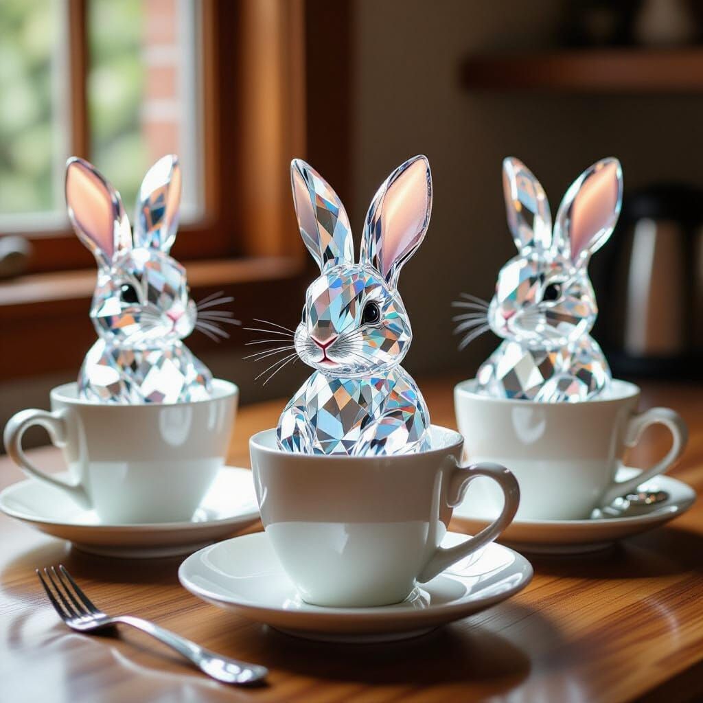 Diamond Rabbits in Coffee Cups, Realistic Photo Style