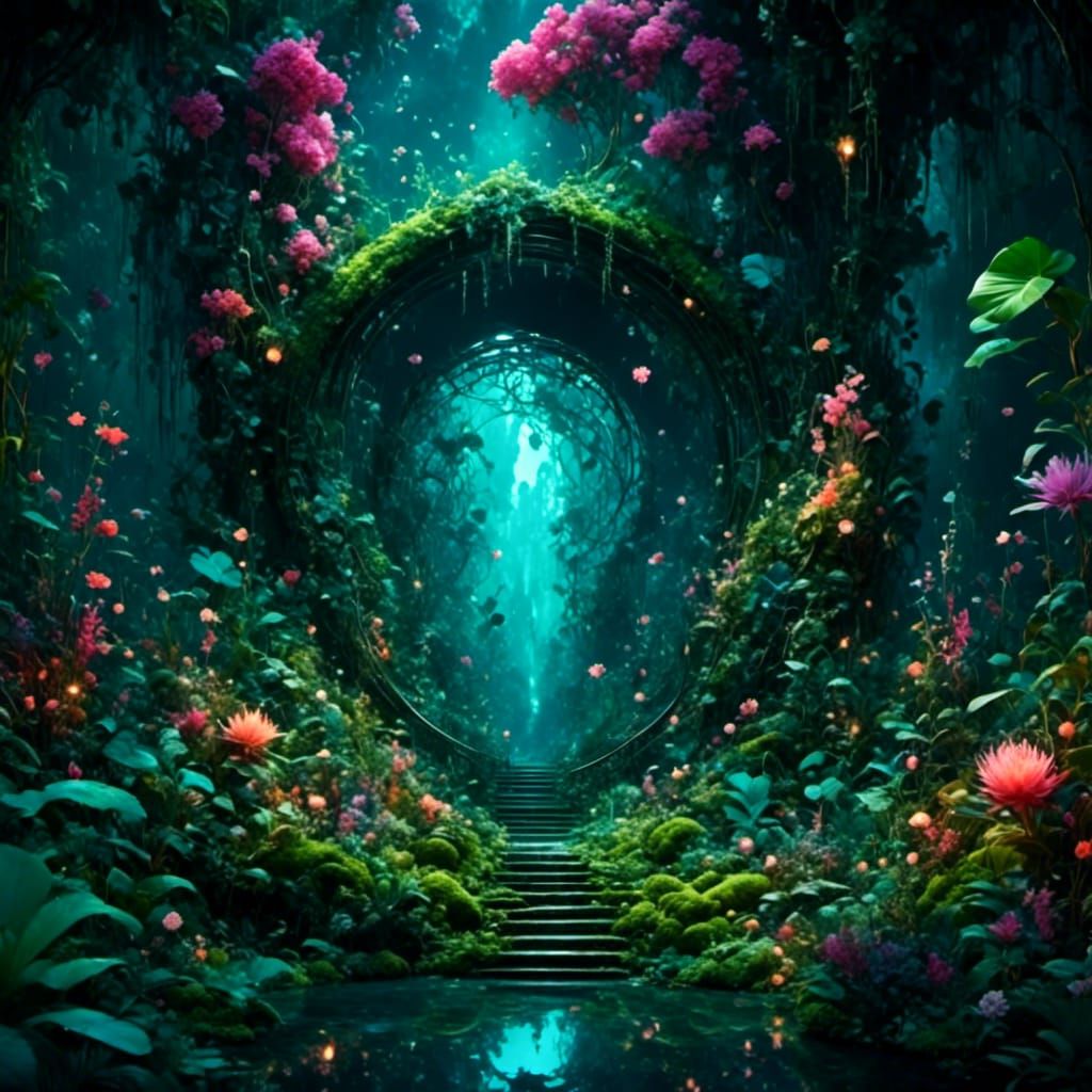 Surreal Jungle Gateway in Bionic Cyberpunk Style