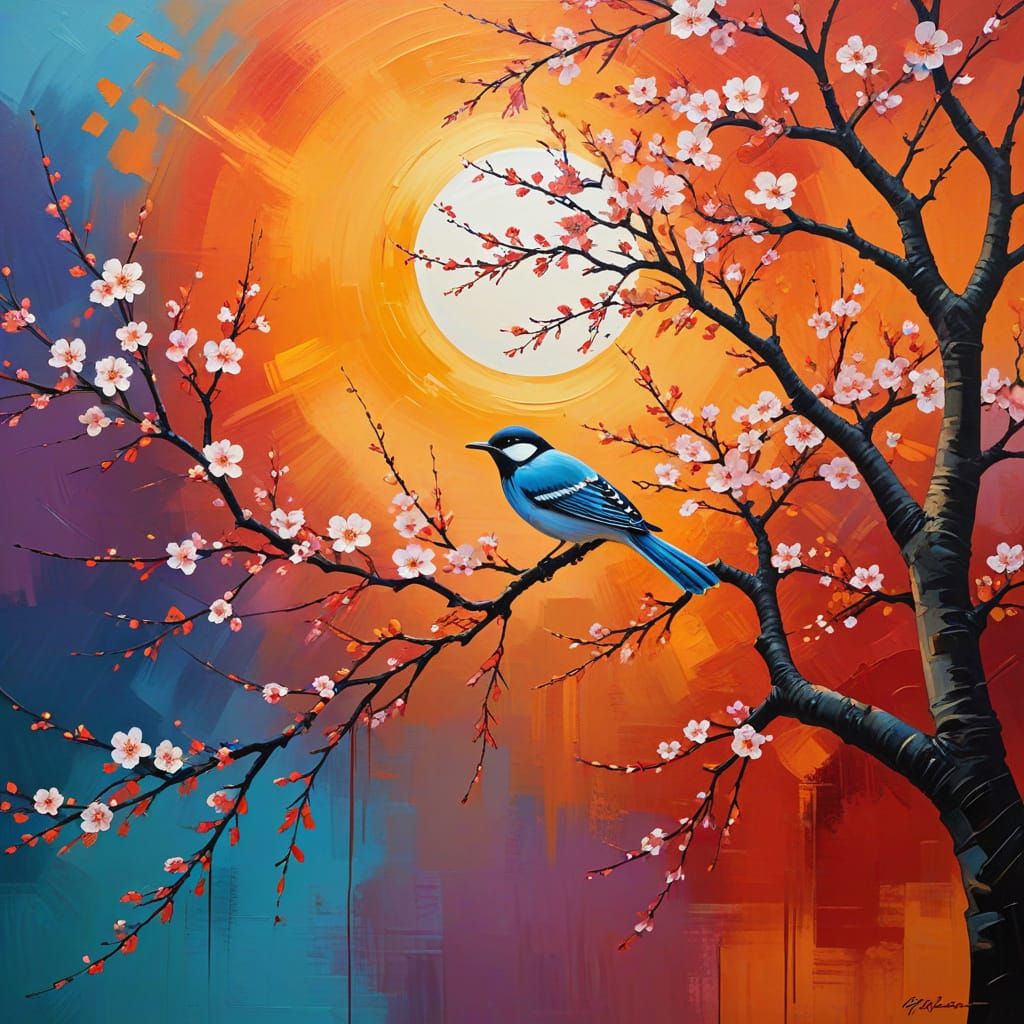 Modern Abstract Blossom Tree Sunset with Traditional Japanes...