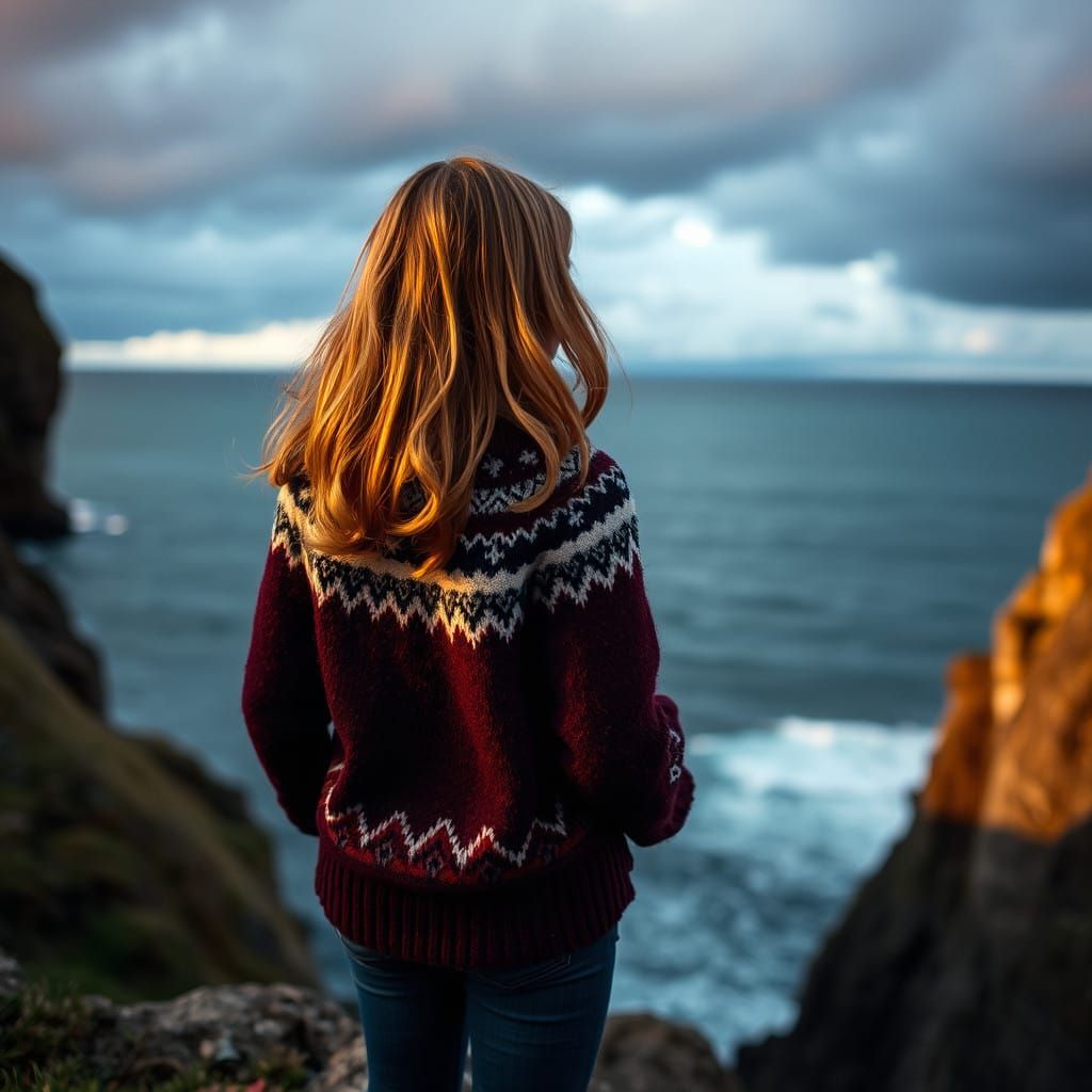 Girl Contemplates Stormy Sea in Soft Evening Light
