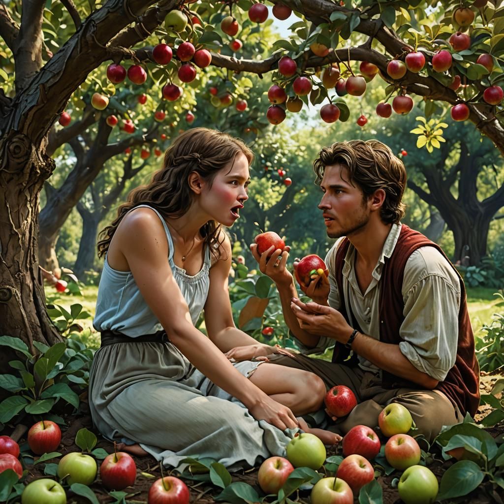 Eva and Adam Savor Forbidden Fruit in Eden