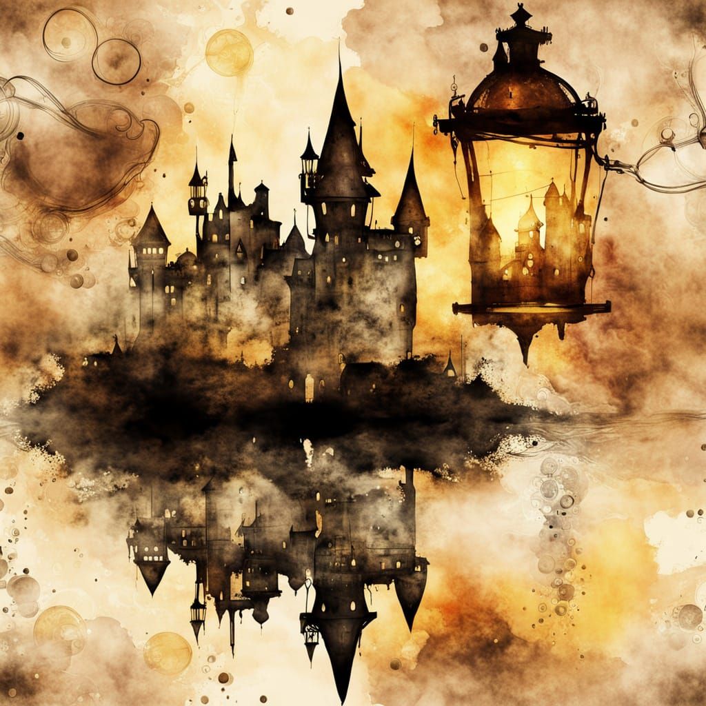 Steampunk Castle Reflected in Tranquil Waters