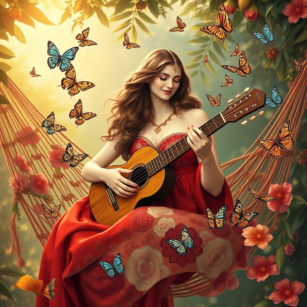 Ethereal Goddess Serenades in Floral Hammock with Rainbow Bu...