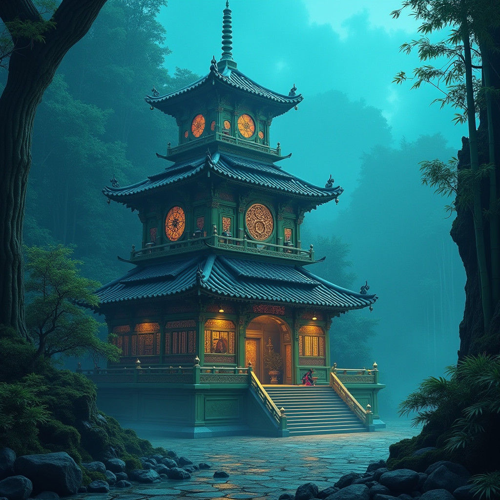 Ethereal Pagoda Amidst Bamboo Forest in Deep Purple and Yell...