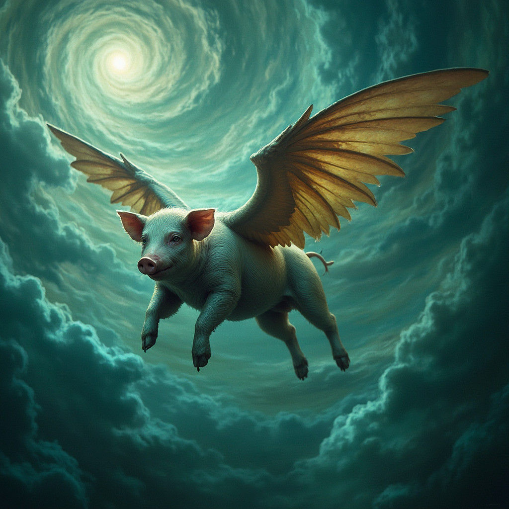 Majestic Winged Pig in Whimsical Dreamlike Landscape