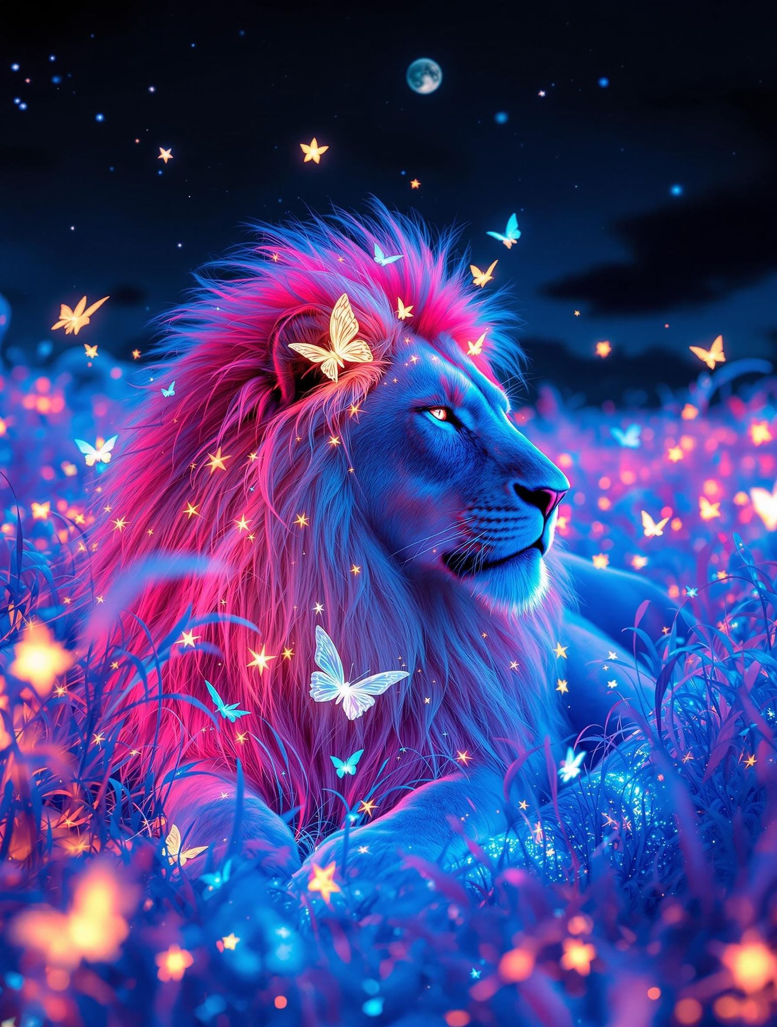 Surreal Dreamscape with Pink Lion in Cosmic Sanctuary