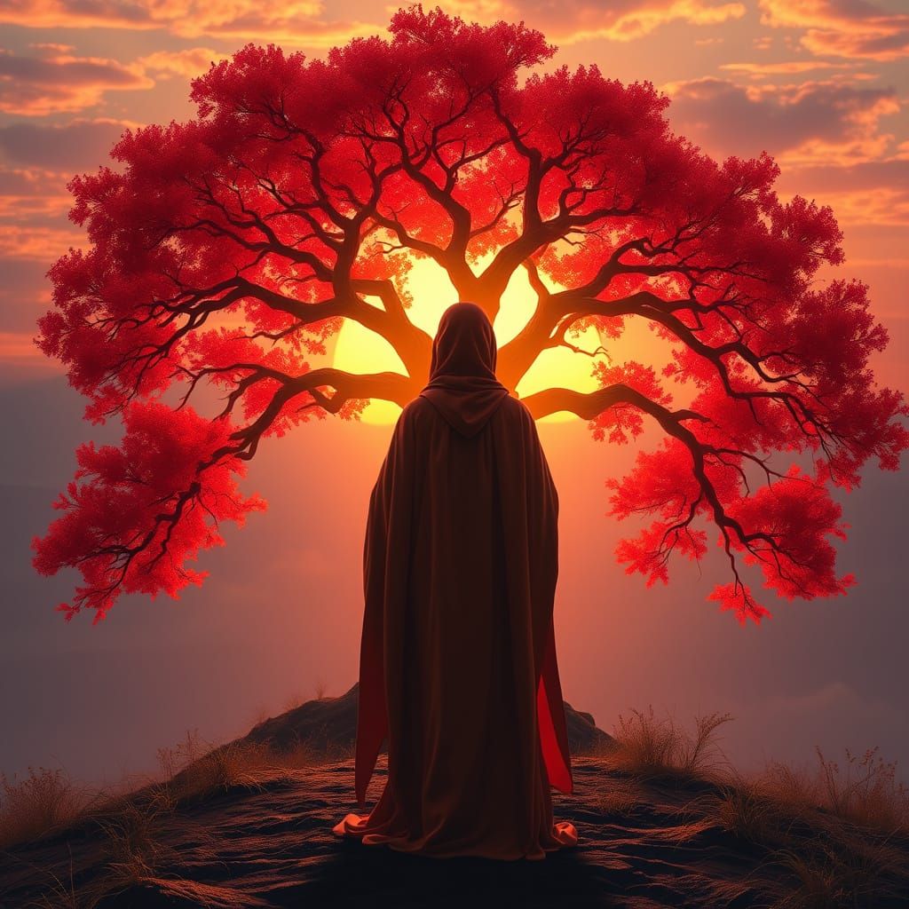 A serene figure stands before a vibrant, surreal tree with f...