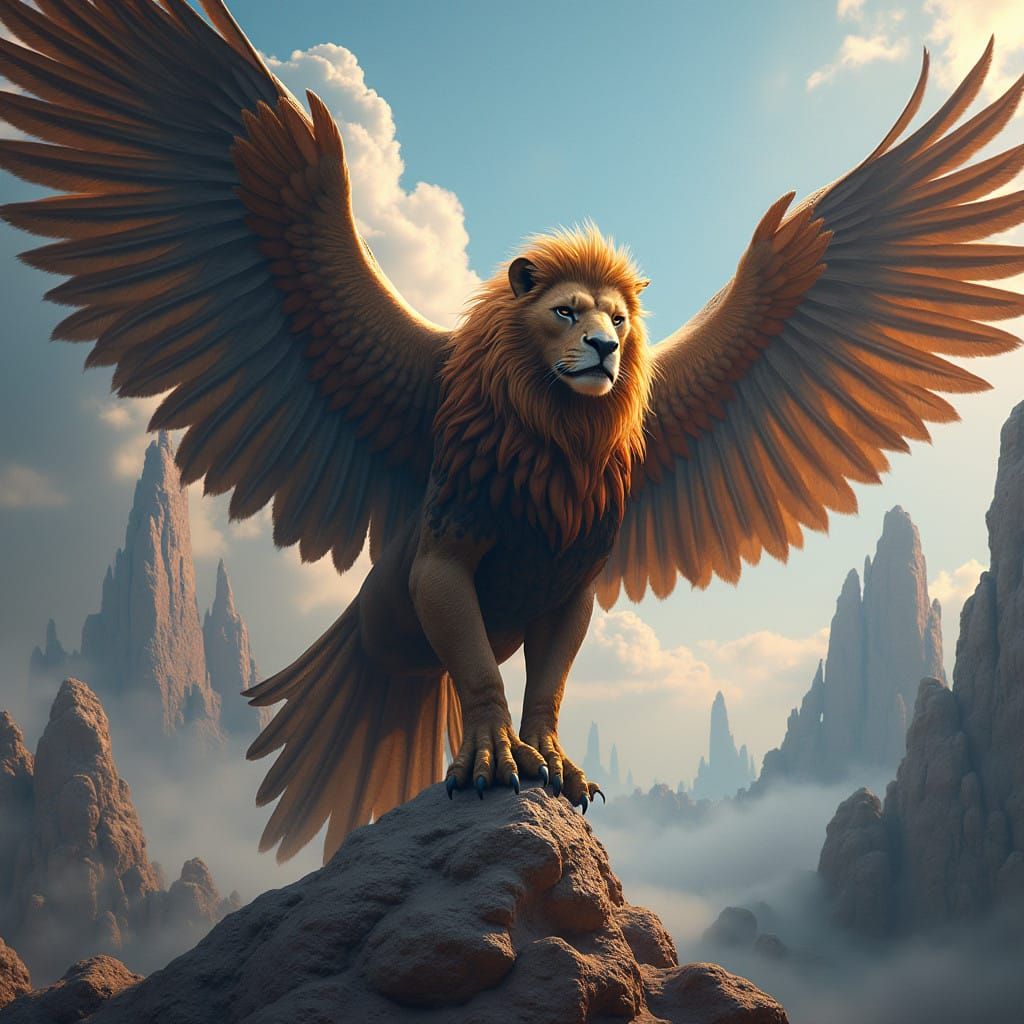 Regal Lion Eagle Hybrid in Vibrant, Fantastical Realm