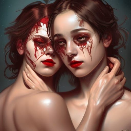 two girls wrapped in saran wrap, dark lighting, hugging, red lips, long eye lashes