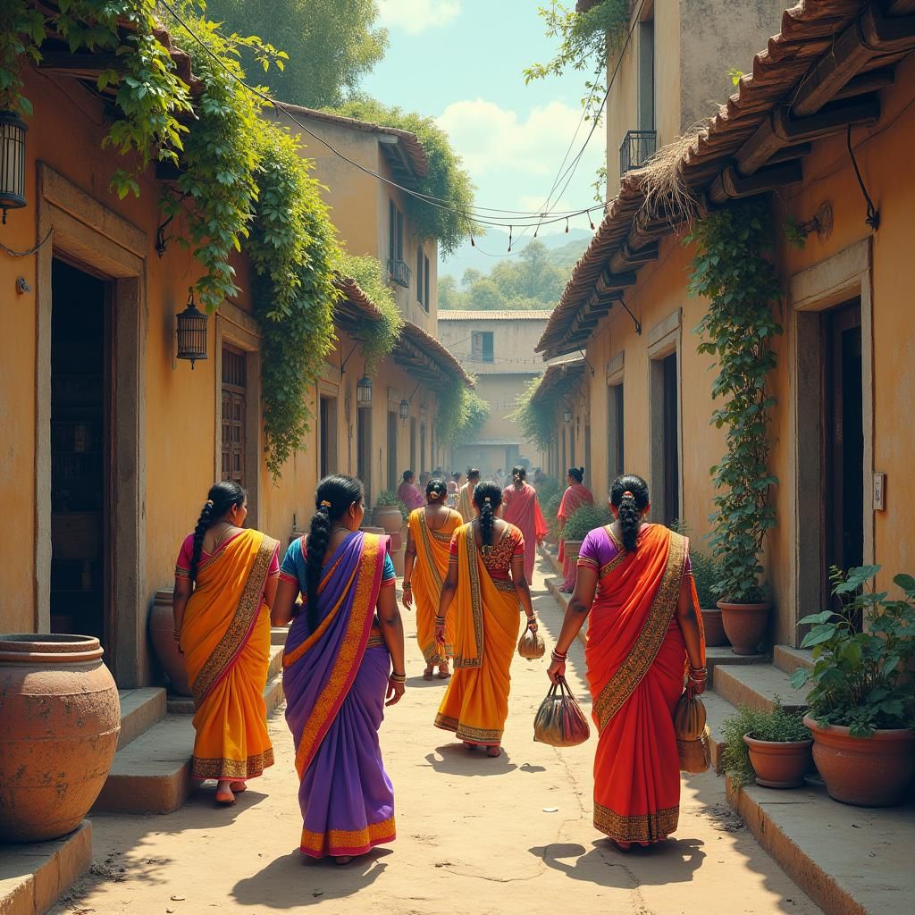 Women in Traditional Indian Village Sarees Engage in Daily C...