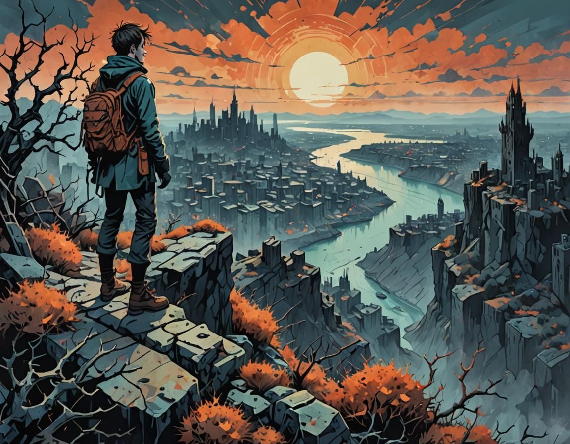 Young Adventurer Overlooks Thorny Cityscape in Vibrant Abstr...