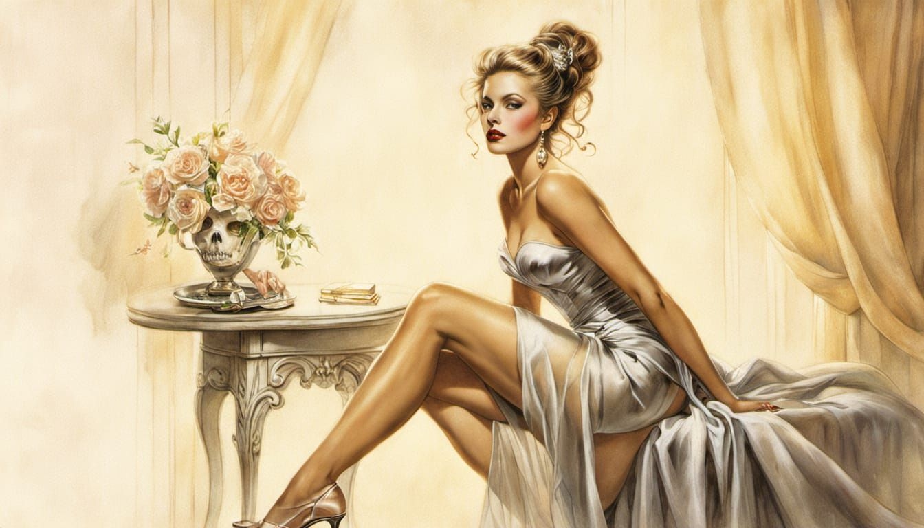 Elegant Woman in Dressing Room as Pin-Up Art