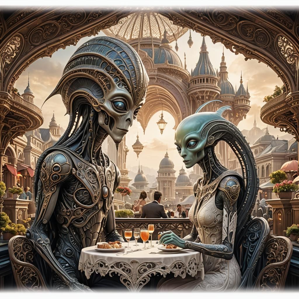 Ethereal Aliens on a Whimsical Dinner Date in an Ornate Rest...