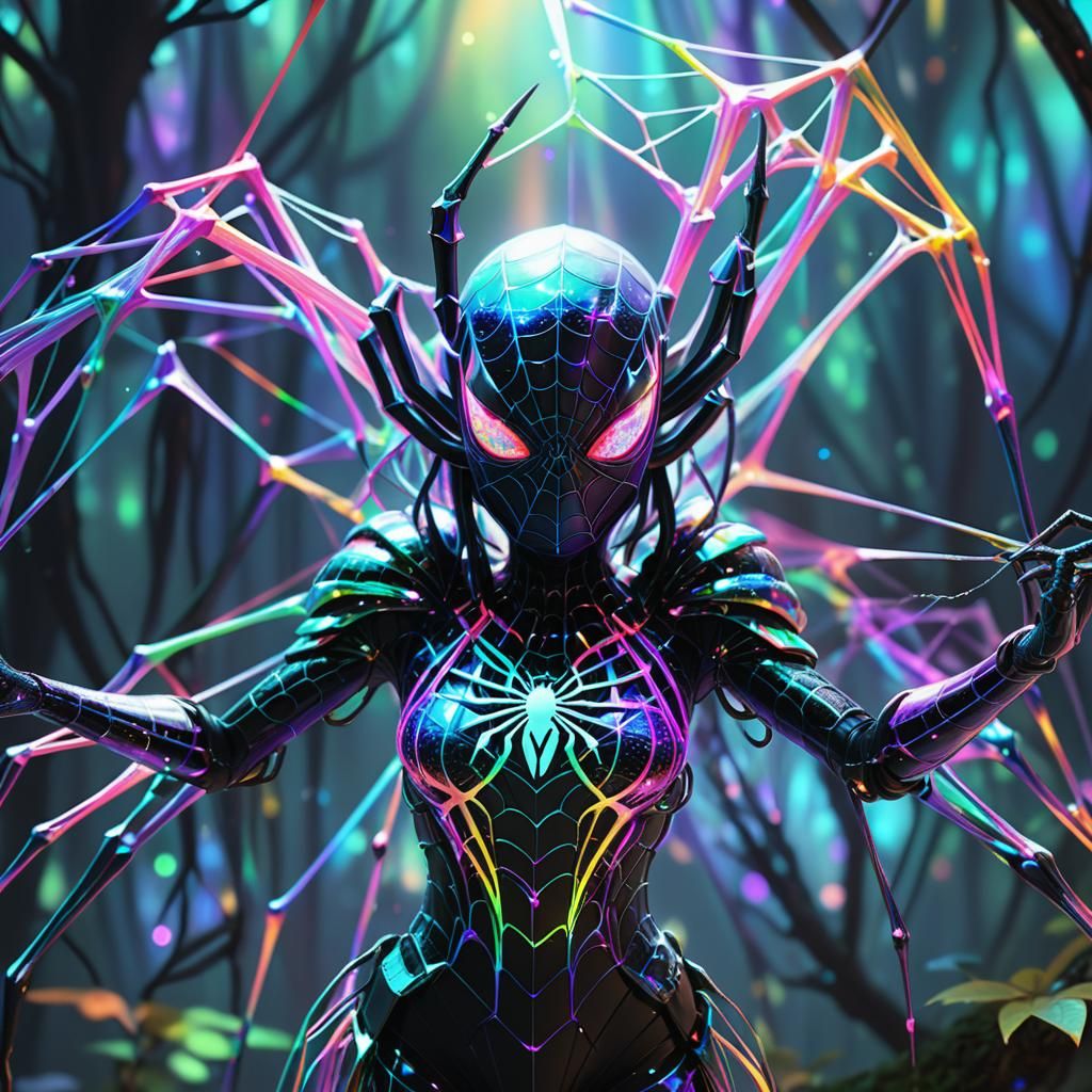 Hyper-Realistic Anime Queen Reigns Over Rainbow Web Forest