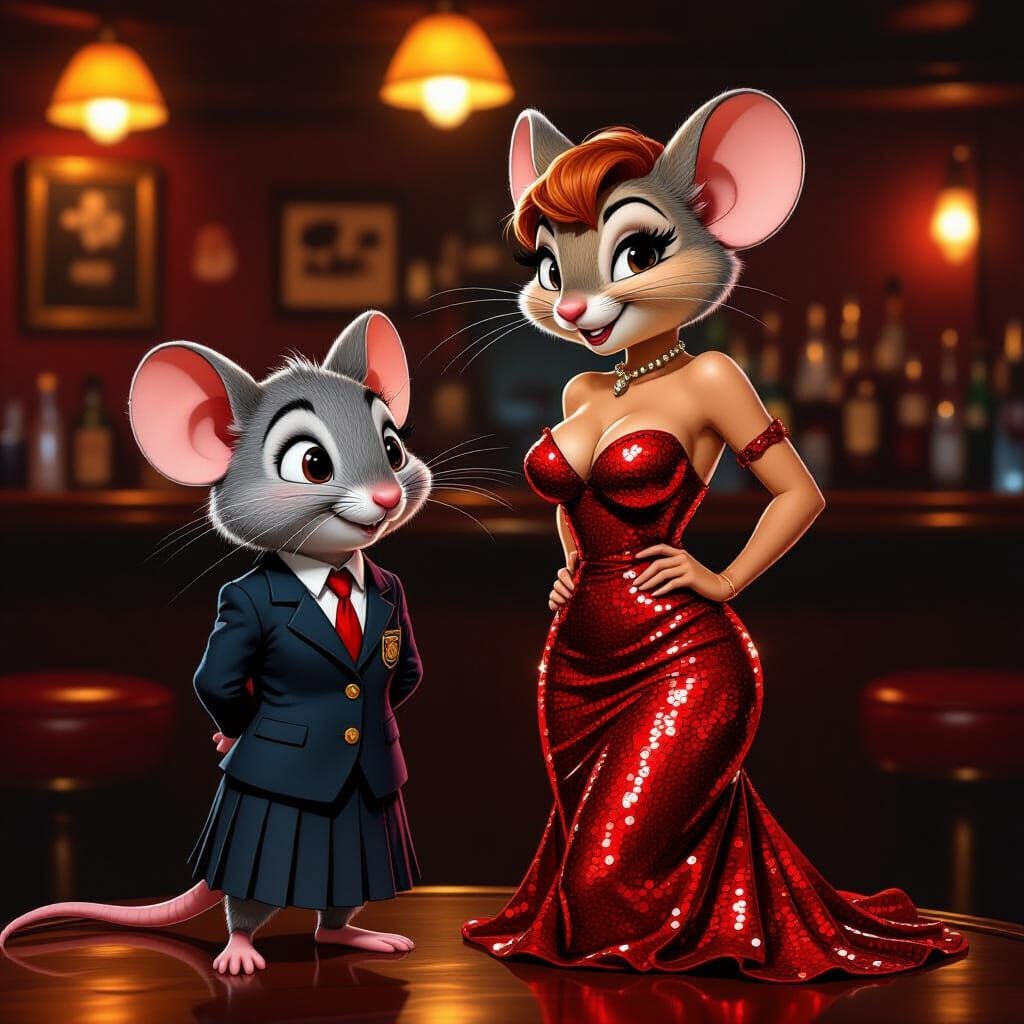 Embarrassed Mouse in Bar Inspired by Retro Noir Art