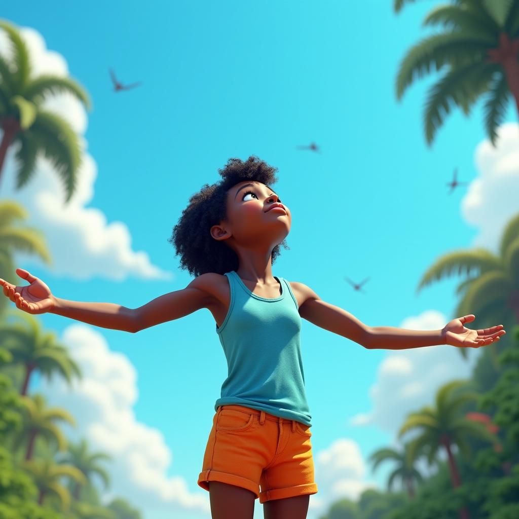 Young Girl in a Vibrant Jungle Ponders Bird Flight Limits