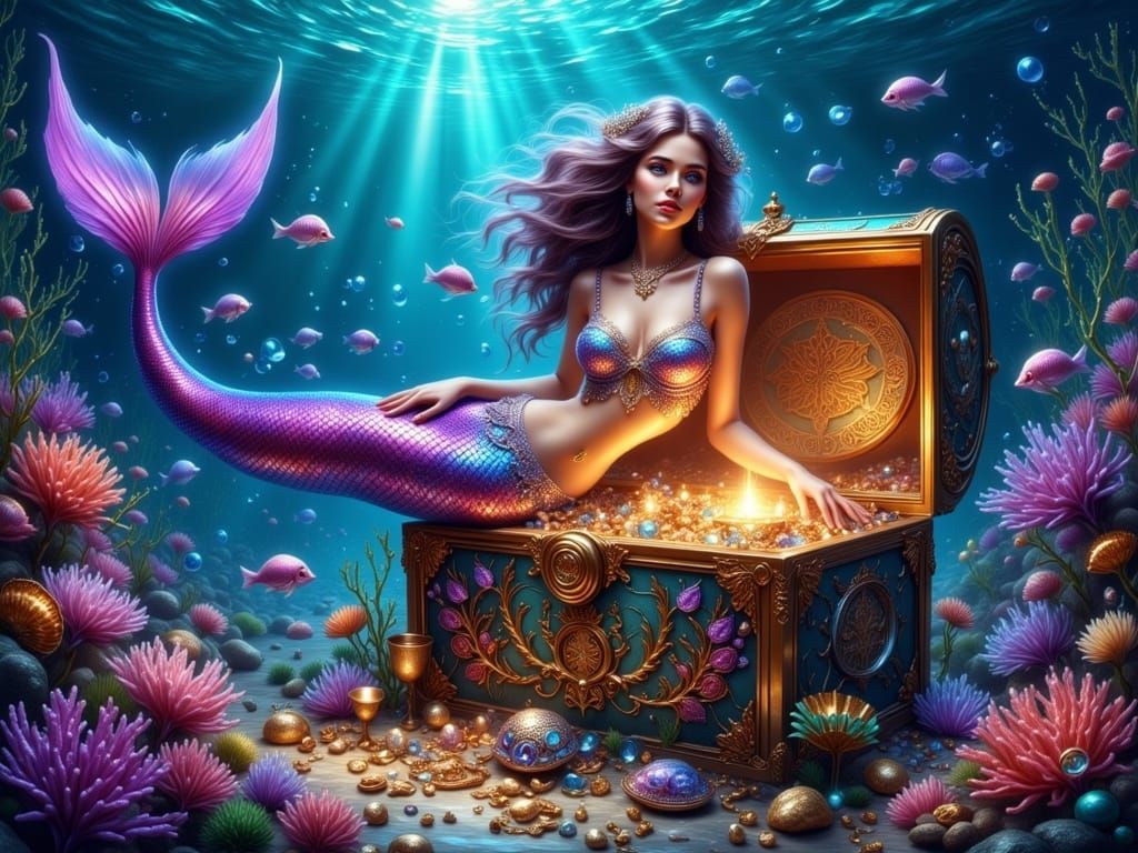 Holographic Mermaid Above Sunken Treasure in Garden
