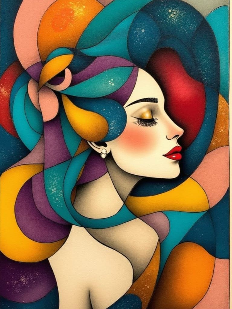 Stylized Portrait with Abstract Cubist Background